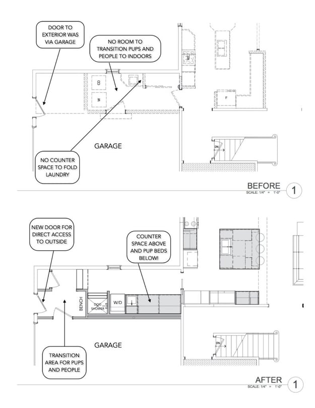 Before and after floorpan for a laundry room remodel