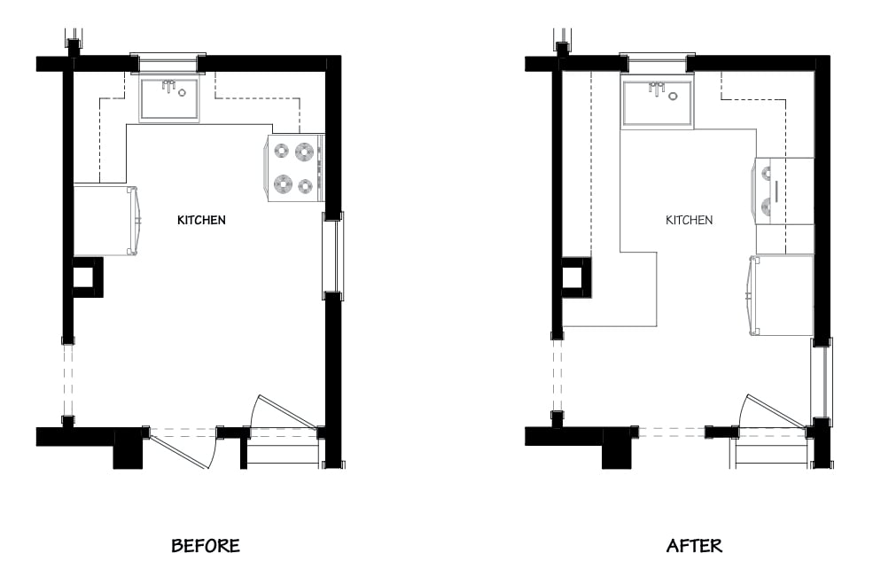 Before and After floorpan of small kitchen remodel