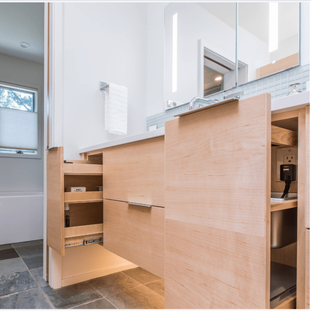 Photo of an electrical outlet in a bathroom drawer