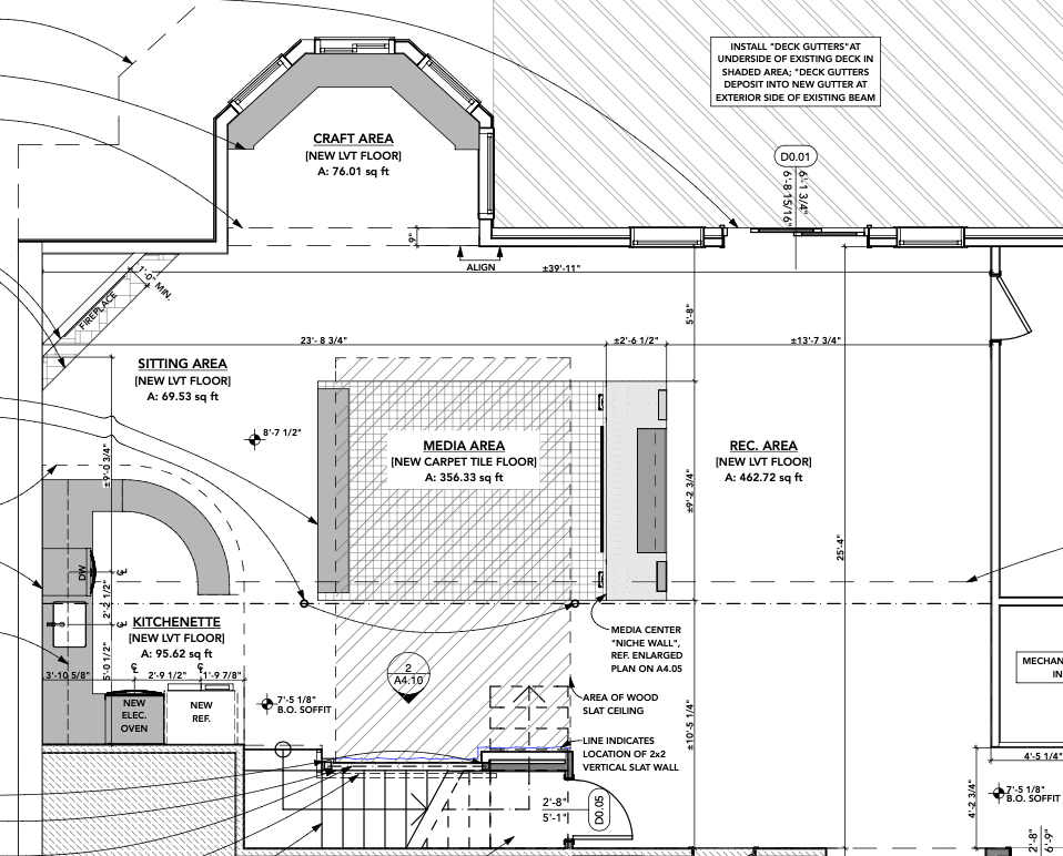 Designated zones for each function in a large open basement plan