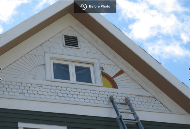 Testing colors on the sunburst detail on the victorian home