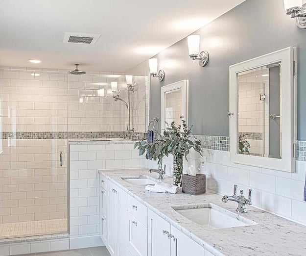 Bathroom. White Tile, Double Vanity, Walk In Shower.