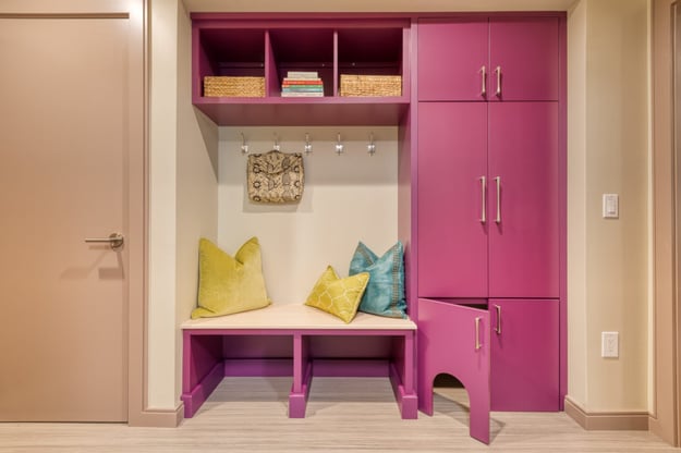 Laundry mud room with custom cabinets for cats