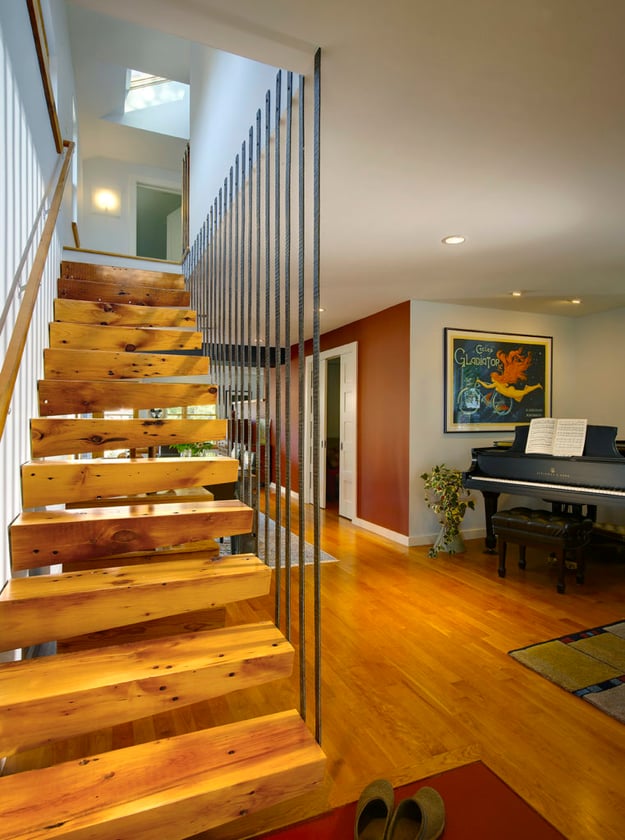 staircase and living room