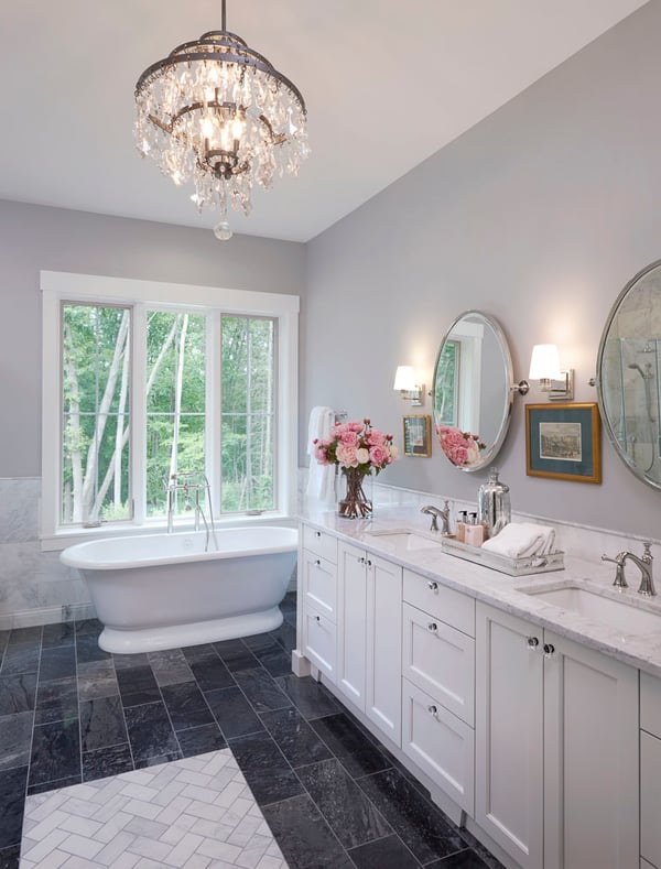 Master bath with crystal chandelier