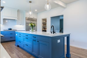 kitchen with blue island