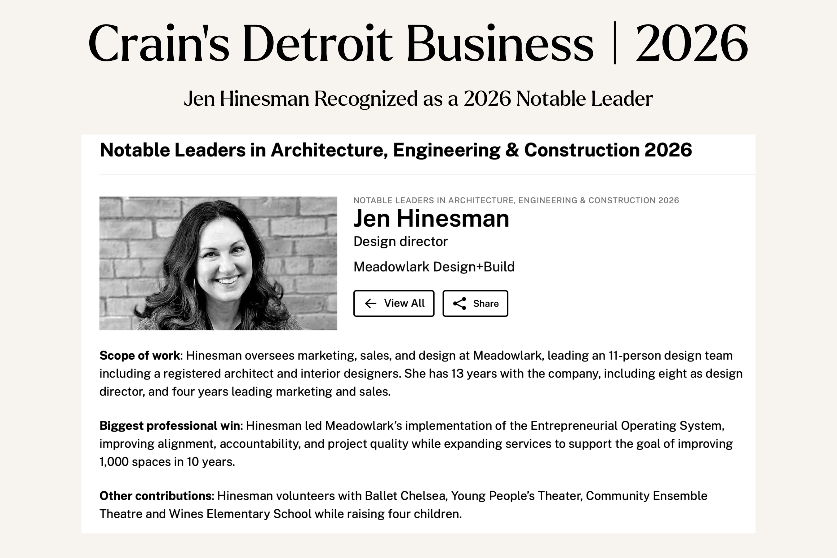 Jen Hinesman Recognized by Crain’s Detroit Business as Notable Leader