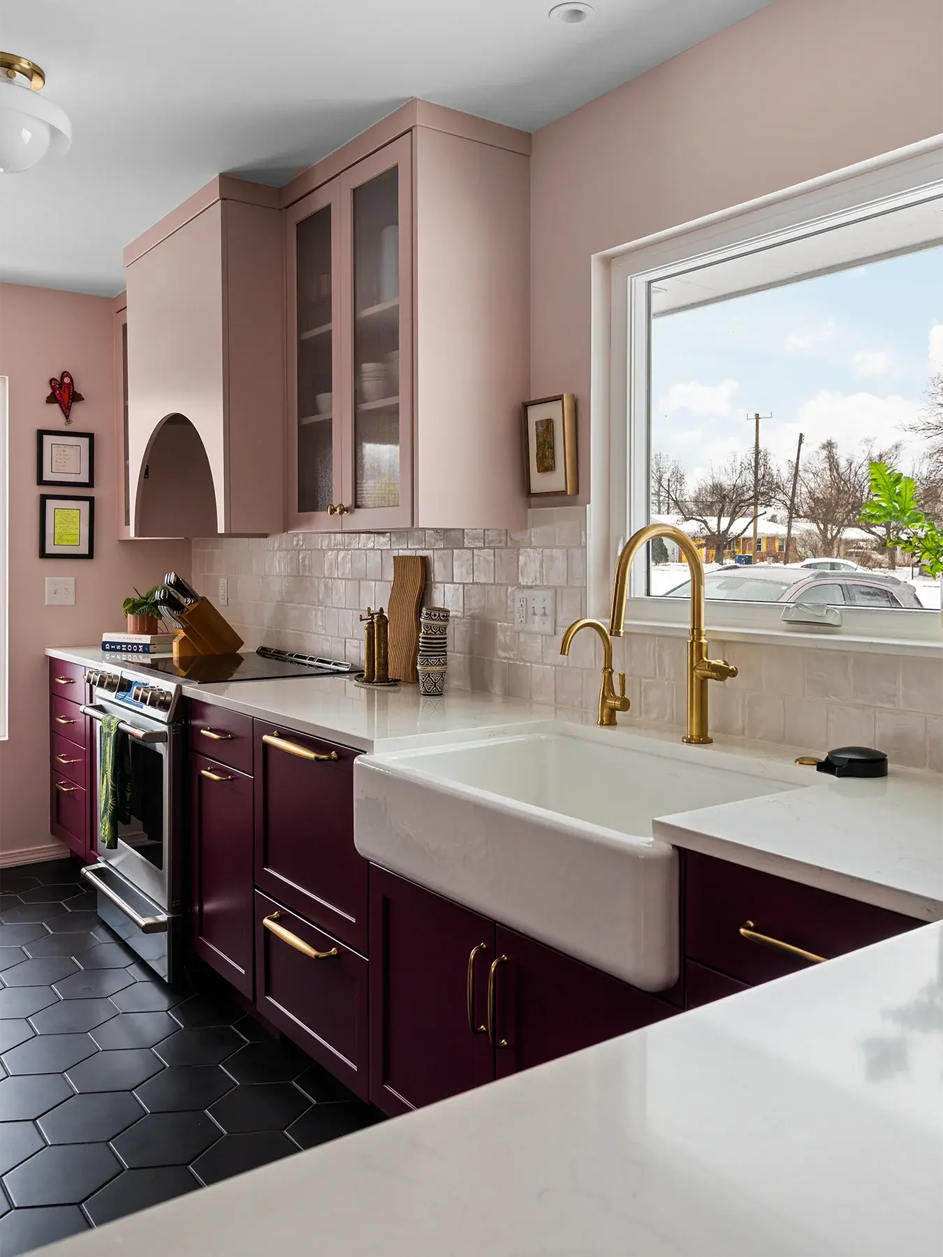 Kitchen Remodeled in Ann Arbor with Pink Cabinetry - blush uppers and dark maroon lower cabinets